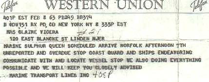 Telegrama del 8 de febrero de 1963 informado sobre el lanzamiento de operaciones de búsqueda del  SS Marine Sulphur Queen